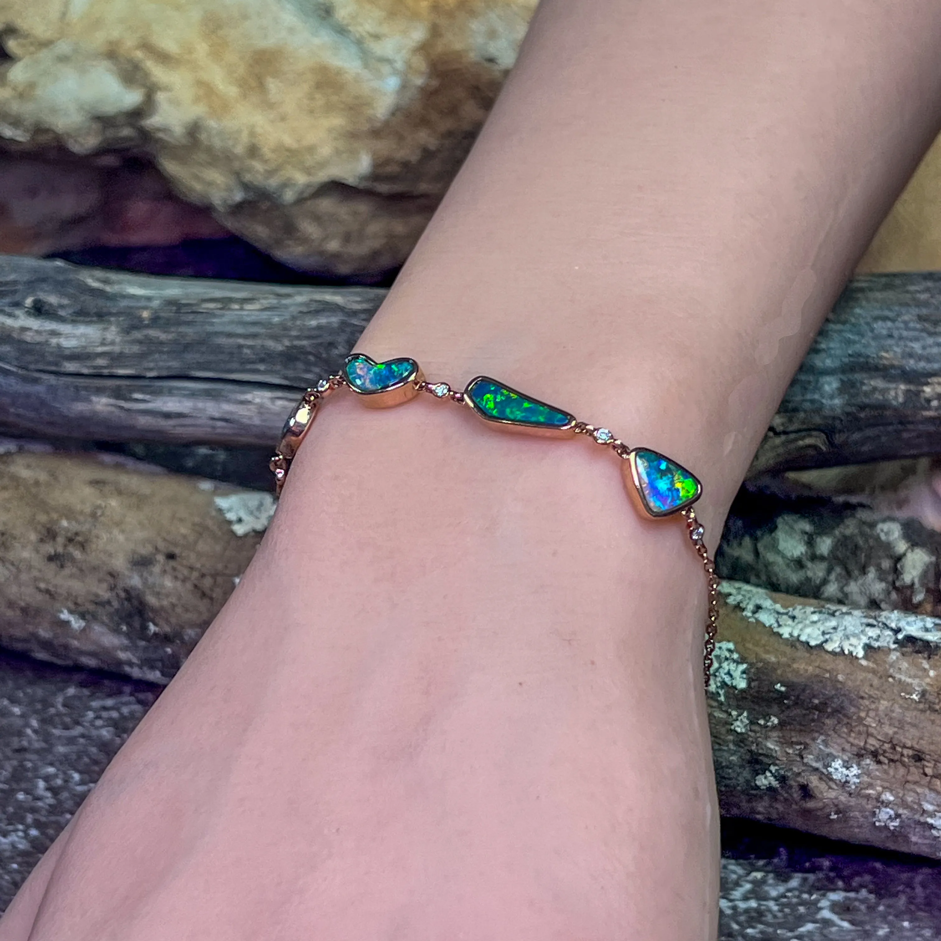 14kt Rose Gold Bracelet 4 Freeform Black Opal and diamond bracelet