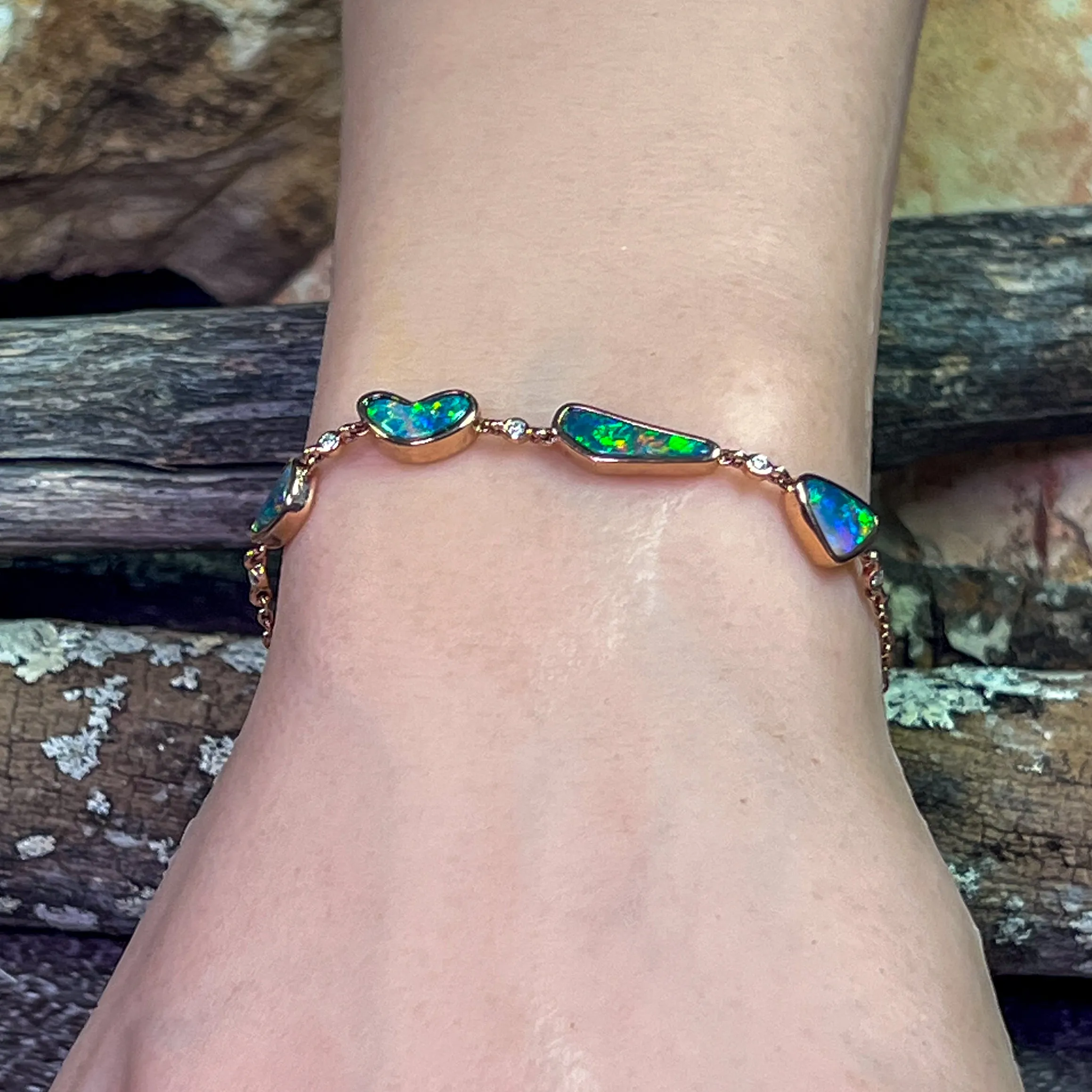 14kt Rose Gold Bracelet 4 Freeform Black Opal and diamond bracelet