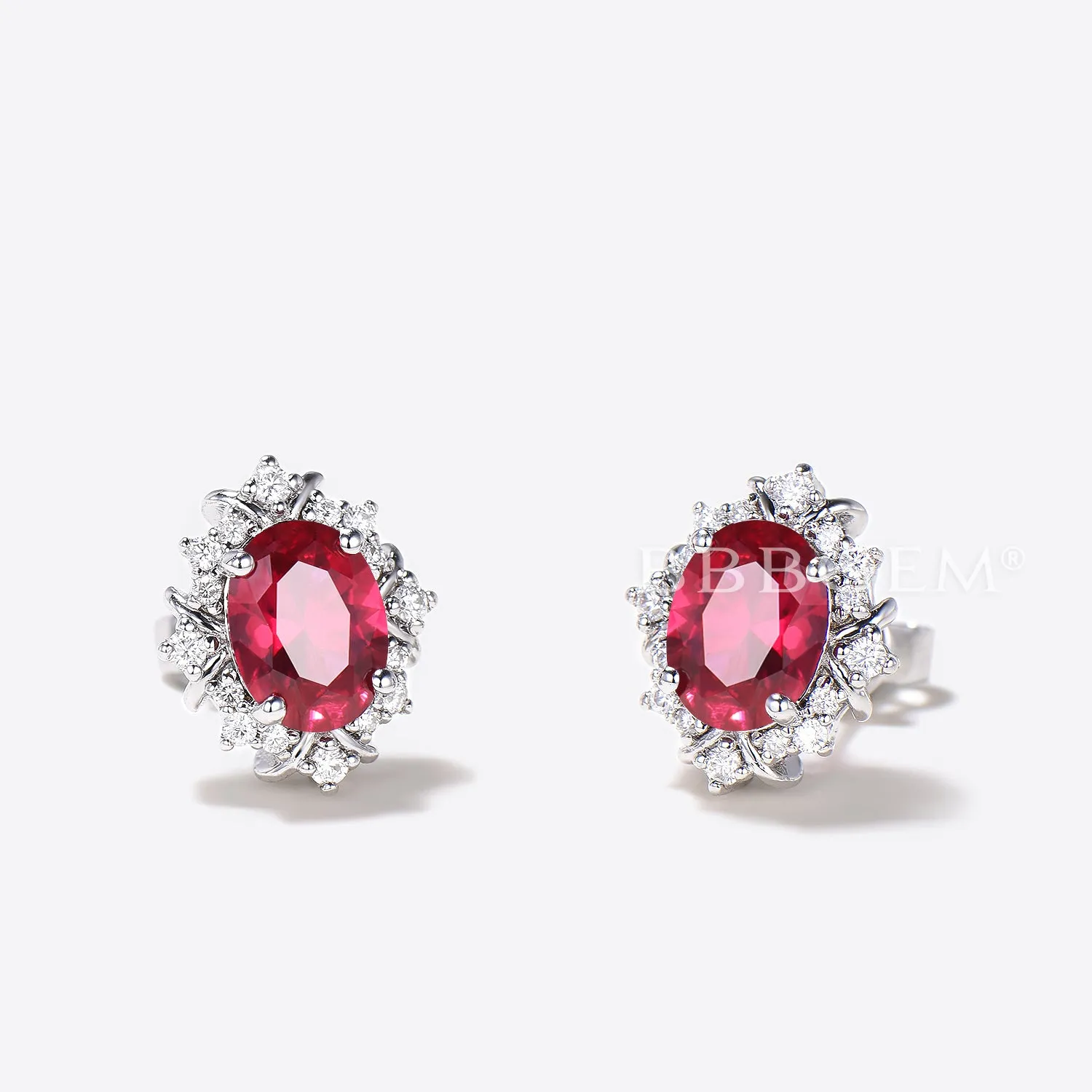 1.5CT Oval Cut Red Ruby Stud Earrings 14k White Gold Halo Diamond Earrings