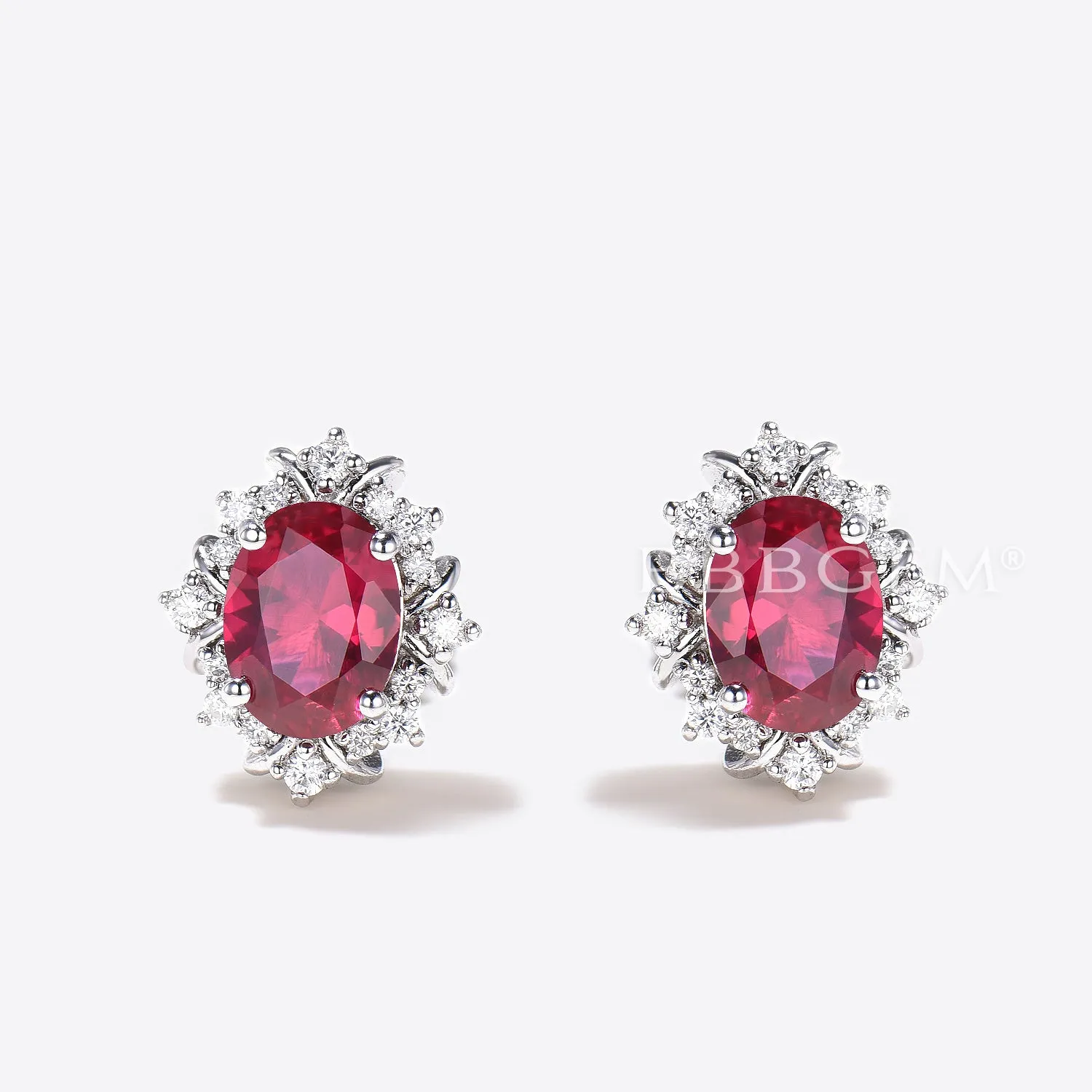 1.5CT Oval Cut Red Ruby Stud Earrings 14k White Gold Halo Diamond Earrings