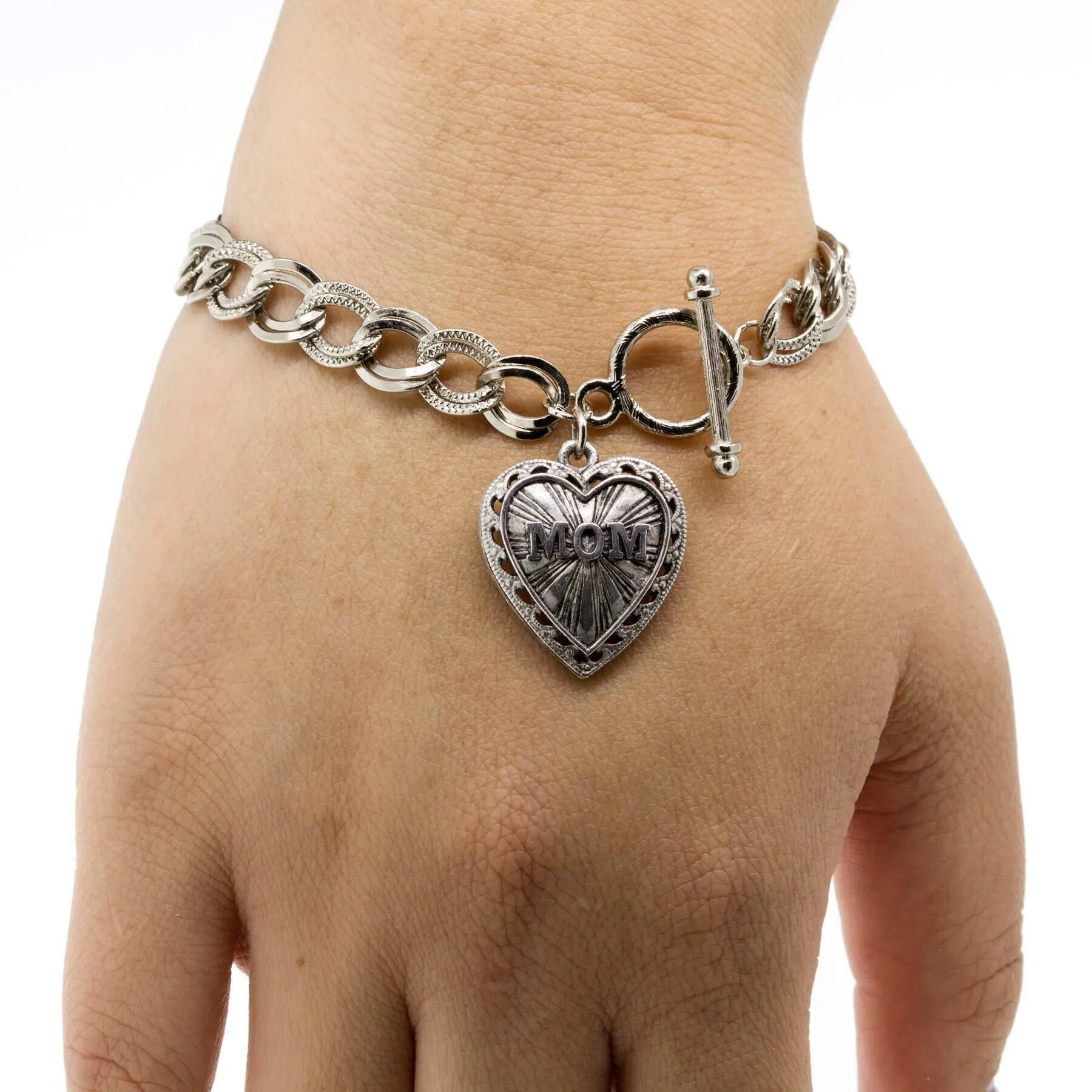 1928 Jewelry Pewter Mom Heart Charm Toggle Bracelet