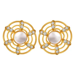 22k Gold Earrings With A Pearl In The Center Of Curved Concentric Circles And Stone Detailing