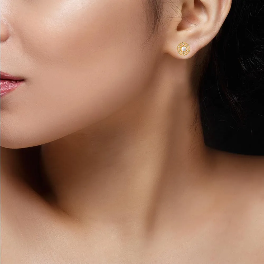 22k Gold Earrings With A Pearl In The Center Of Curved Concentric Circles And Stone Detailing