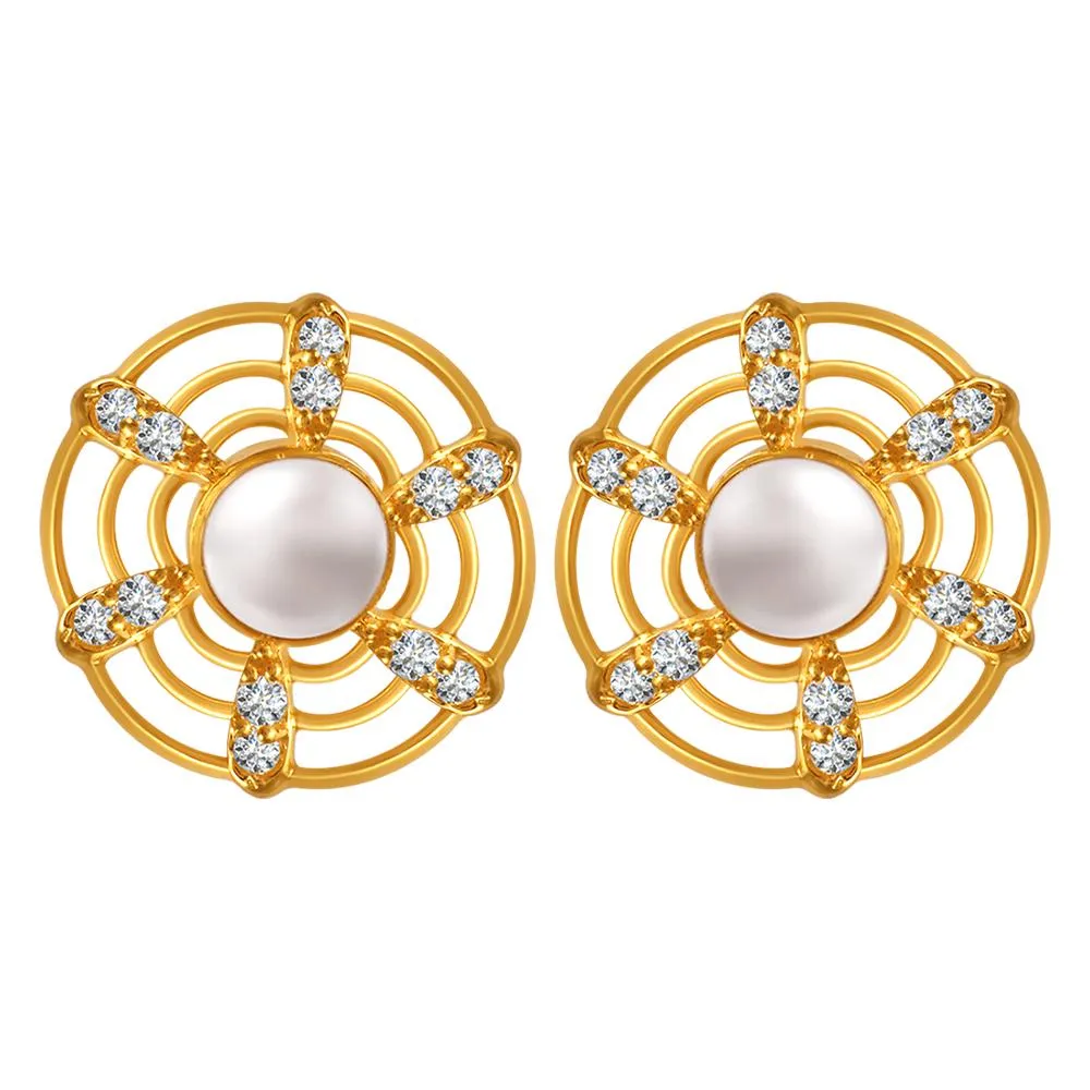 22k Gold Earrings With A Pearl In The Center Of Curved Concentric Circles And Stone Detailing