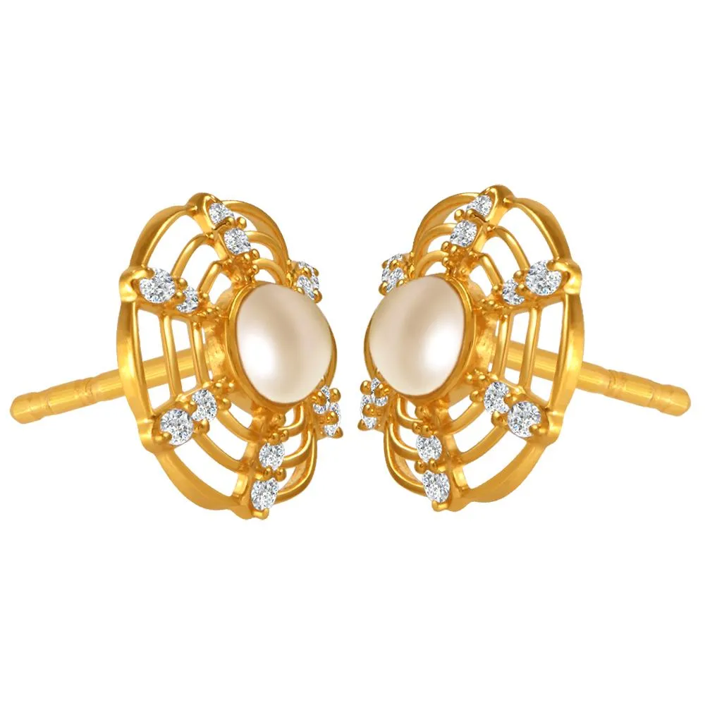 22k Gold Earrings With A Pearl In The Center Of Curved Concentric Circles And Stone Detailing