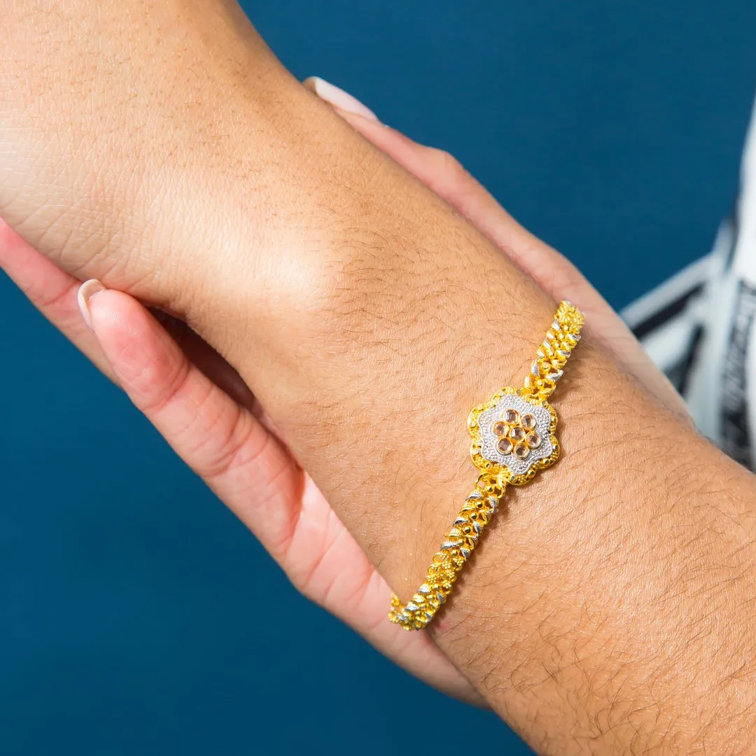 22K Multi Tone Gold Bracelet W/ Leaf Link & Faceted Double Flower Pendant