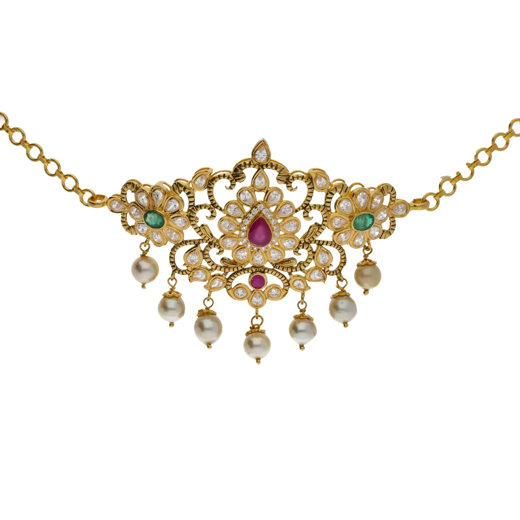 22K Yellow Antique Gold 2-in-1 Choker/Vanki & Chandbali Earrings Set W/ Emerald, Ruby, CZ, Pearls & Paisley Flower Design