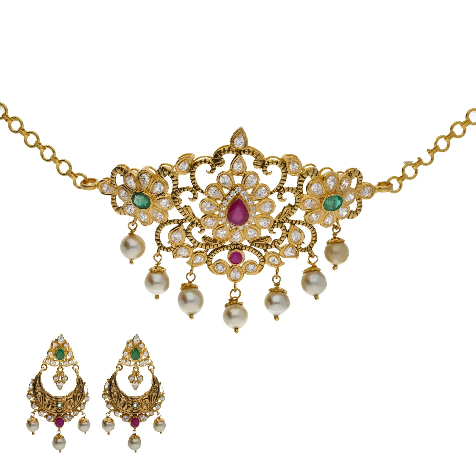 22K Yellow Antique Gold 2-in-1 Choker/Vanki & Chandbali Earrings Set W/ Emerald, Ruby, CZ, Pearls & Paisley Flower Design