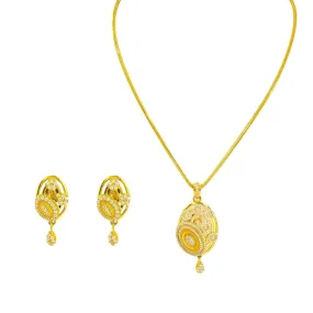 22K Yellow Gold Earring & Necklace Set W/ CZ Encrusted Statement Pendant & Circular Details