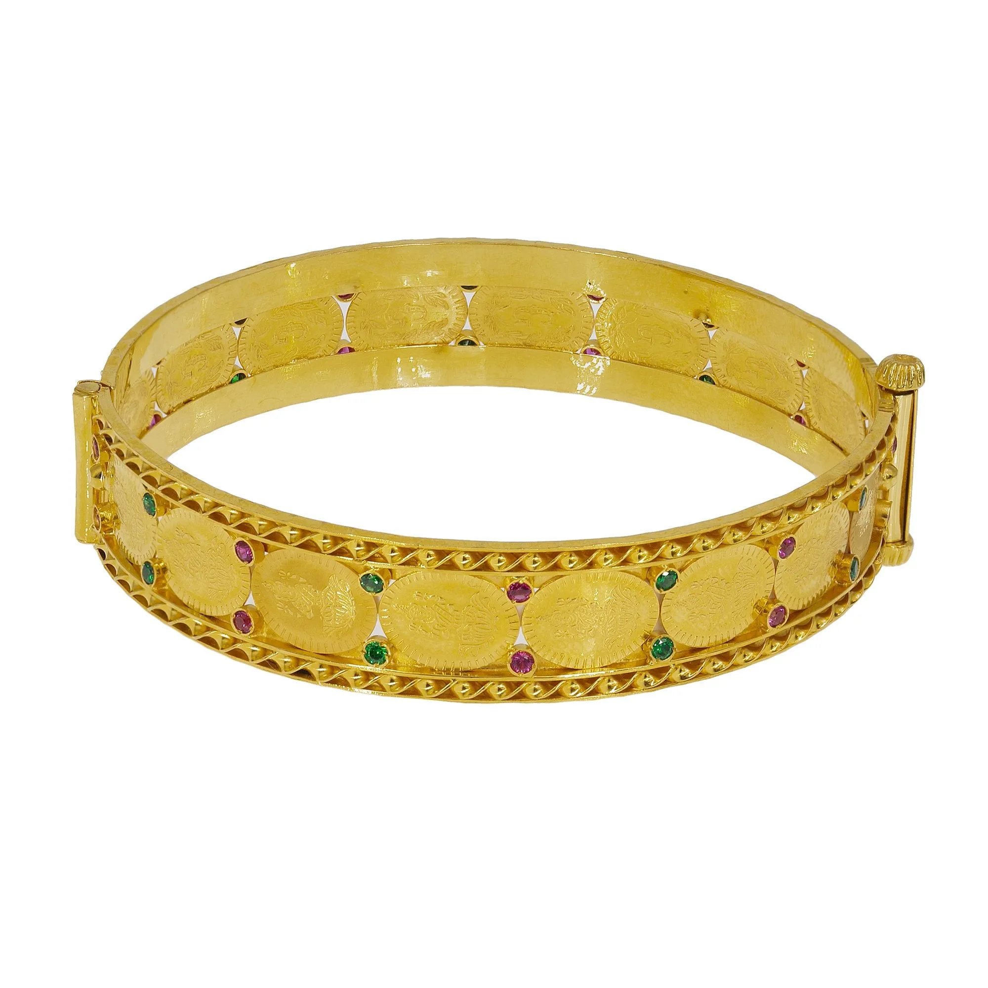 22K Yellow Gold Laxmi Kasu Bangle W/ Rubies, Emeralds & Twisted Trim