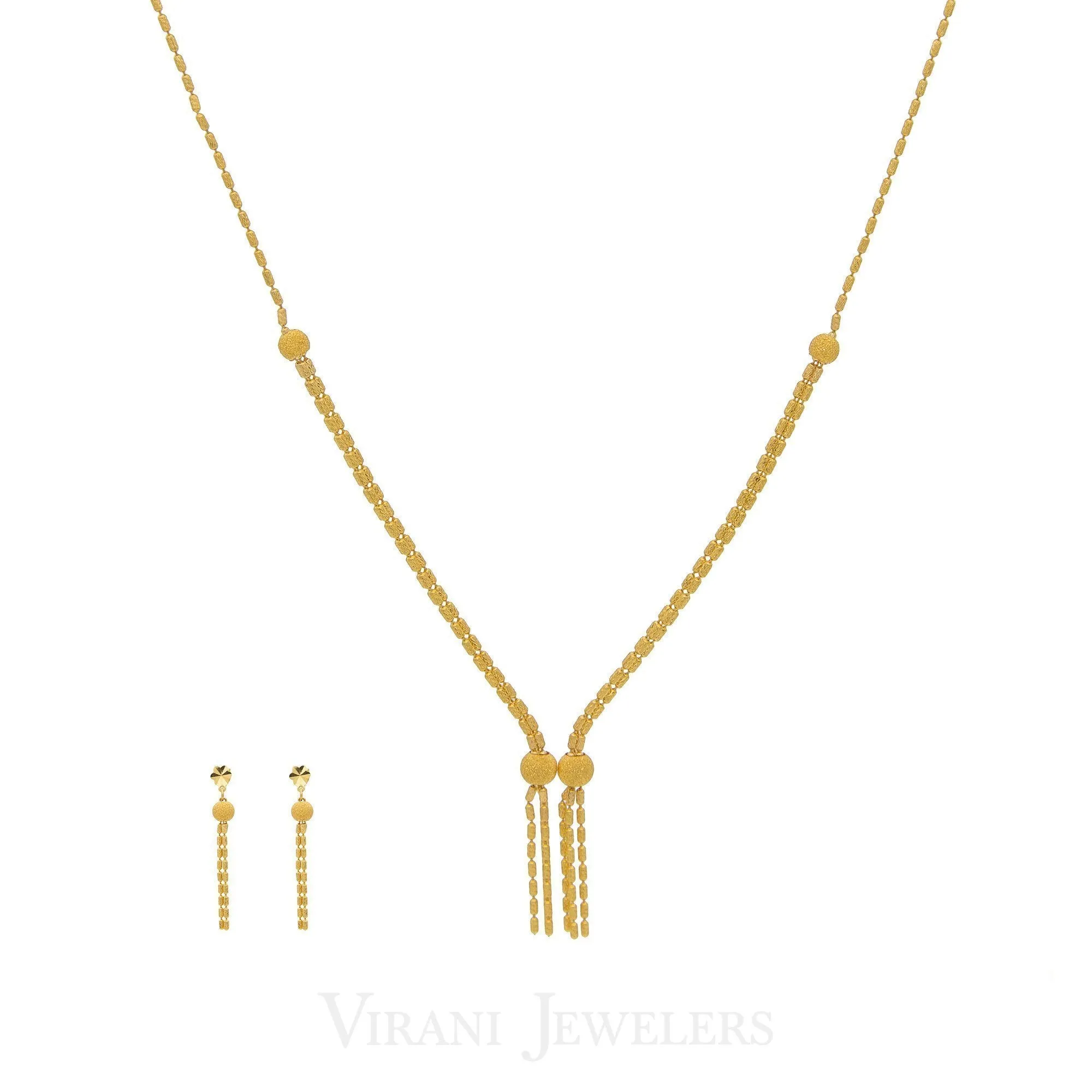 22K Yellow Gold Tassele Drop Necklace And Dangle Drop Earrings