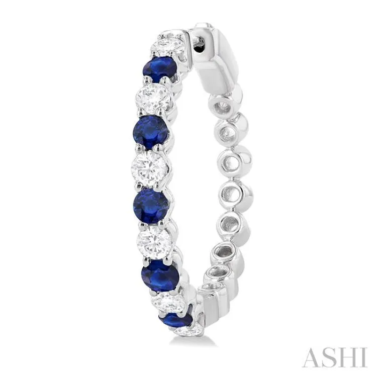 7/8 ctw Round 2.7MM Sapphire and Round Cut Diamond Precious Hoop Earring in 14K White Gold