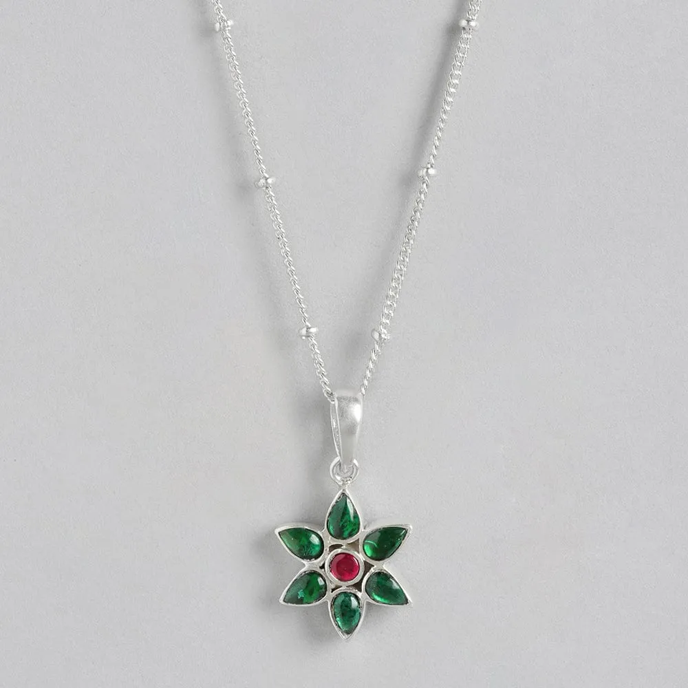 92.5 Silver Green Kundan Flower Necklace