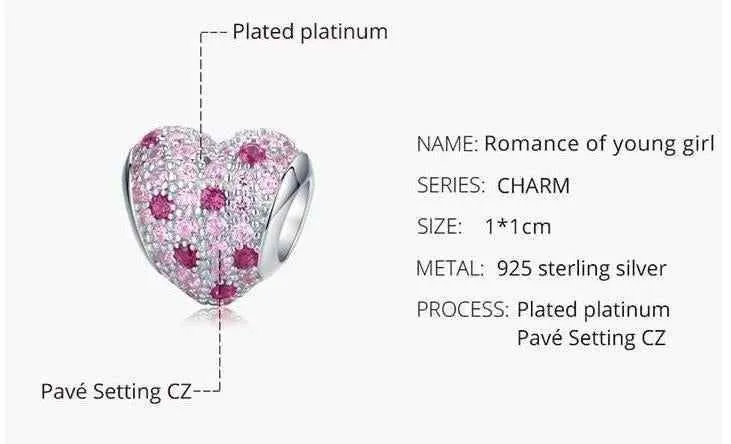 925 Sterling Silver Pendent Charm Jewelry Pink Heart #BSC118