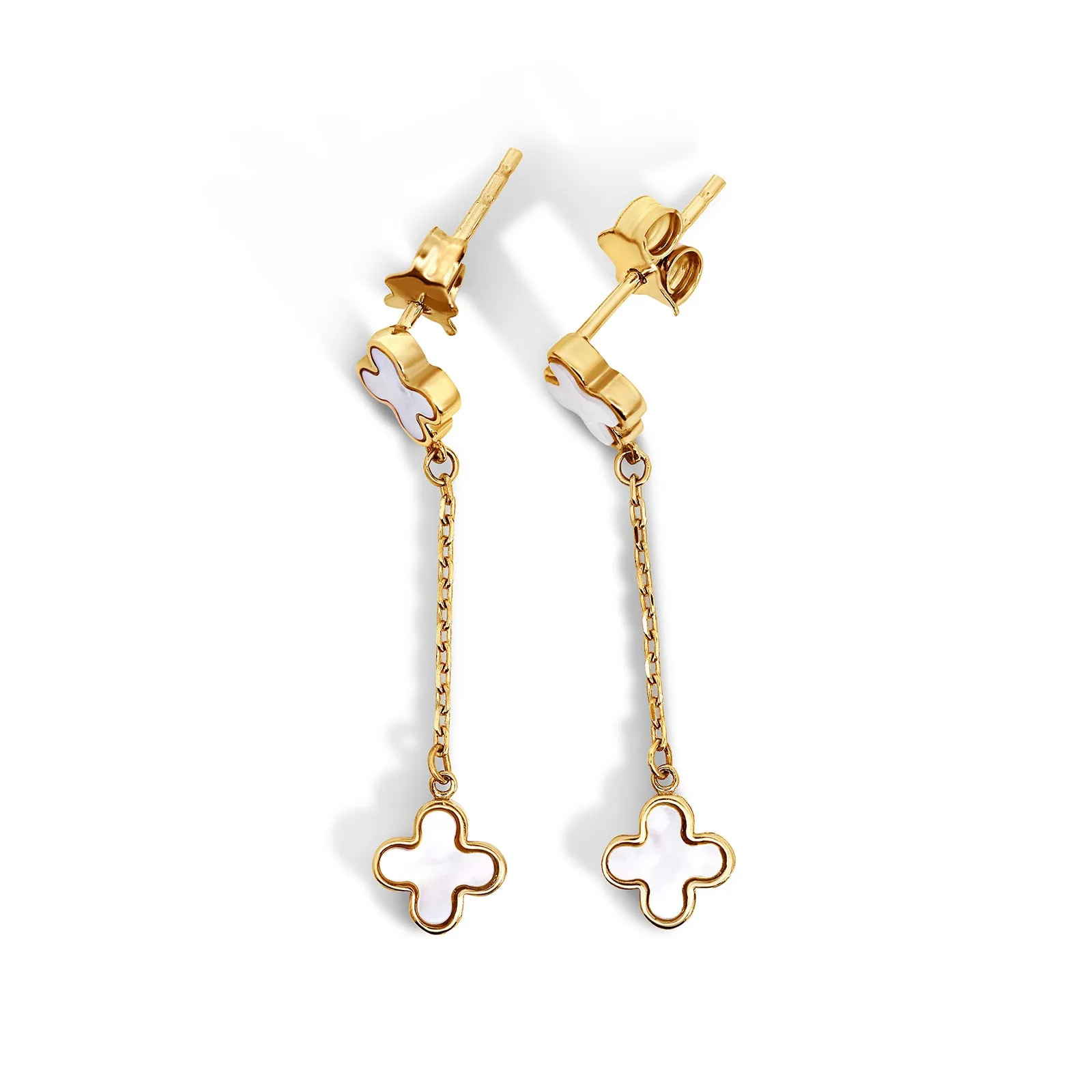 9ct Yellow Gold Mother Of Pearl Four Leaf Clover Drop Earrings