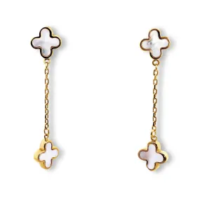 9ct Yellow Gold Mother Of Pearl Four Leaf Clover Drop Earrings