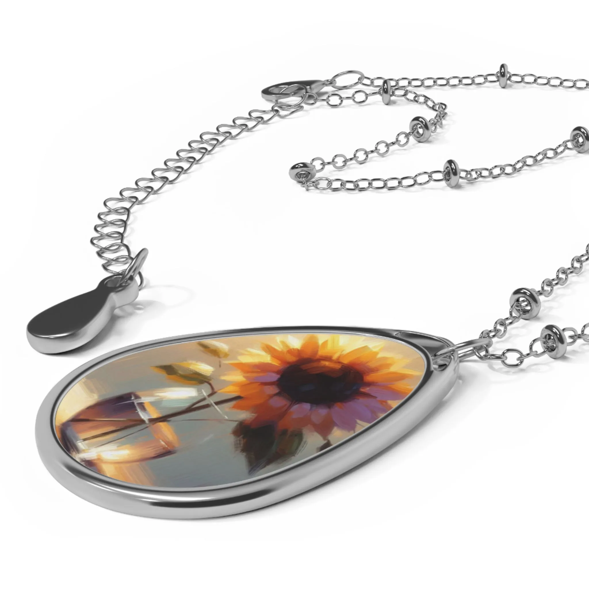 A sunflower in a vase minimal Oval Necklace