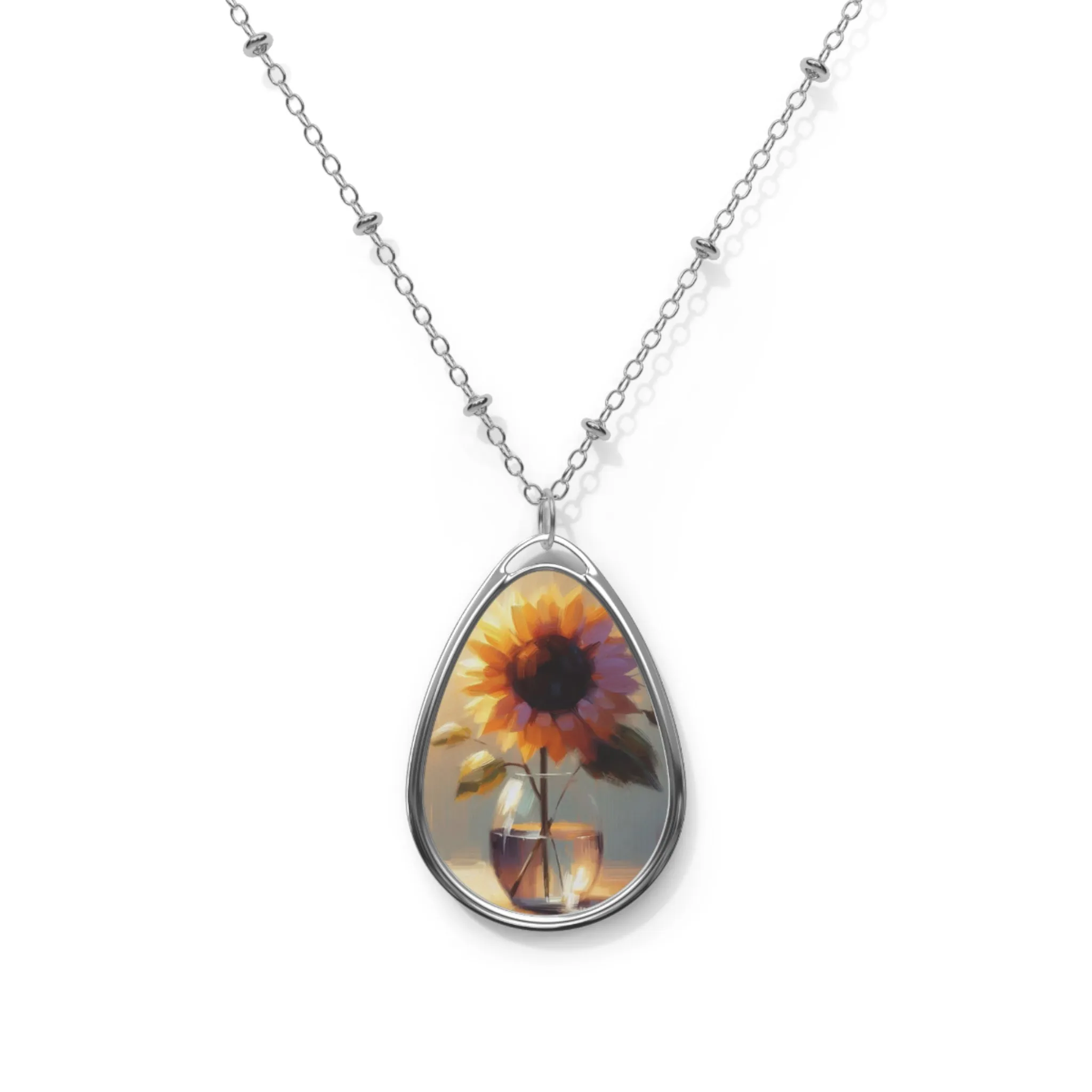 A sunflower in a vase minimal Oval Necklace