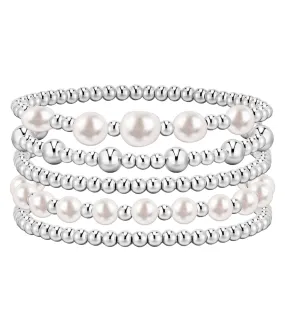 adoyi Silver Beaded Bracelets for Women, 14K Gold Plated Bead Bracelets Stack Trendy Stackable Bracelet Set Strand Stretch Pearl Ball Bracelet Bracelet Set Jewelry Set for Women Gift