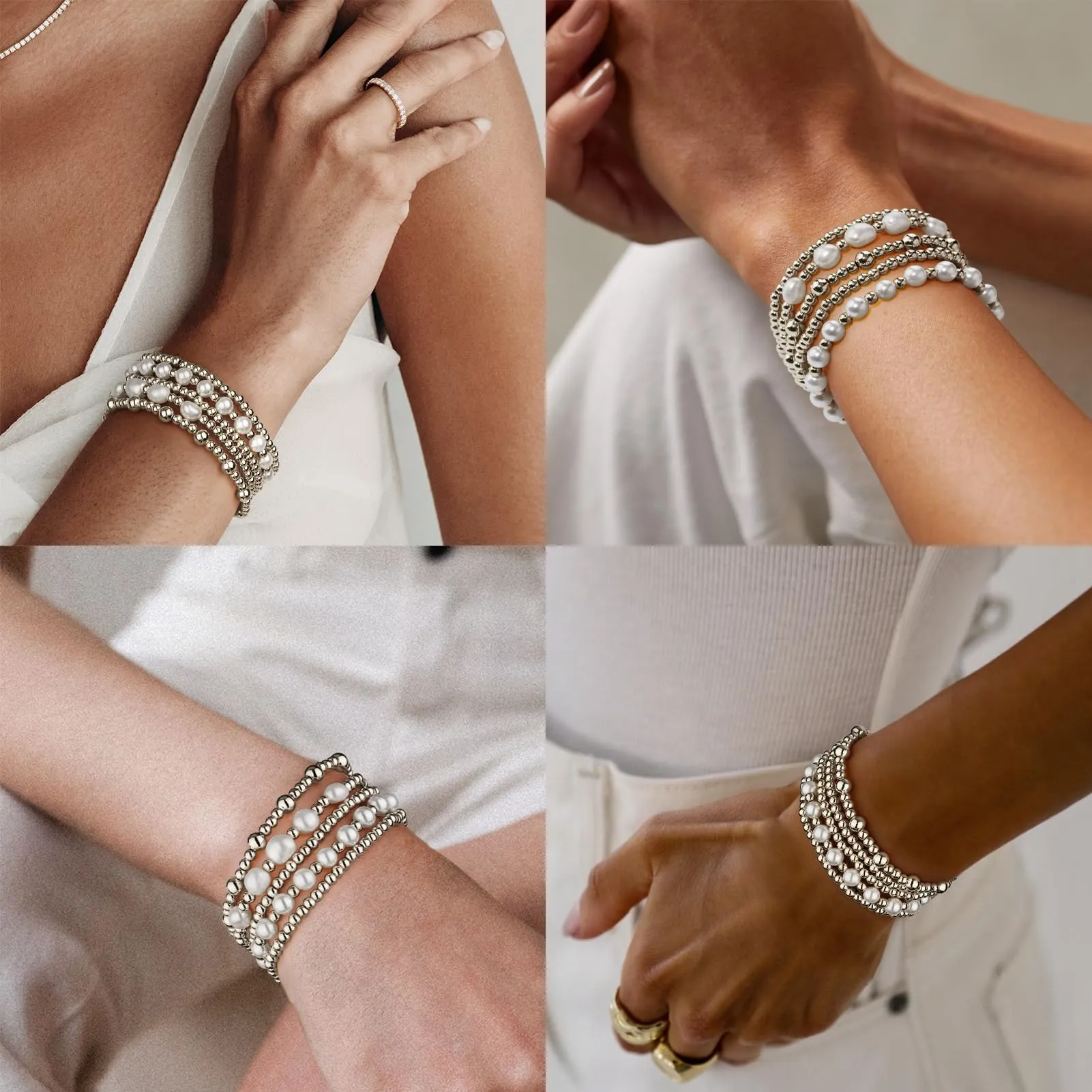 adoyi Silver Beaded Bracelets for Women, 14K Gold Plated Bead Bracelets Stack Trendy Stackable Bracelet Set Strand Stretch Pearl Ball Bracelet Bracelet Set Jewelry Set for Women Gift