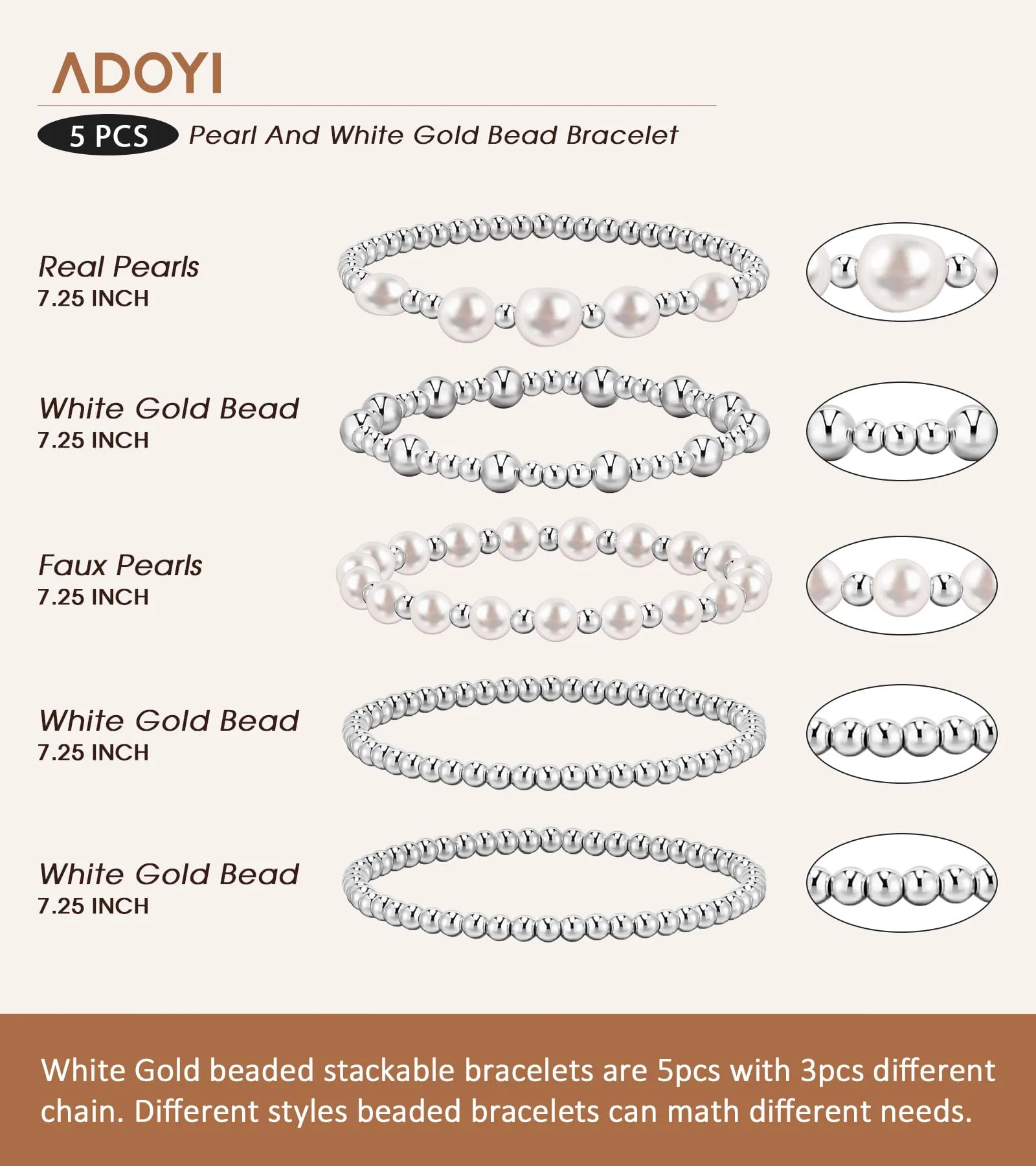 adoyi Silver Beaded Bracelets for Women, 14K Gold Plated Bead Bracelets Stack Trendy Stackable Bracelet Set Strand Stretch Pearl Ball Bracelet Bracelet Set Jewelry Set for Women Gift