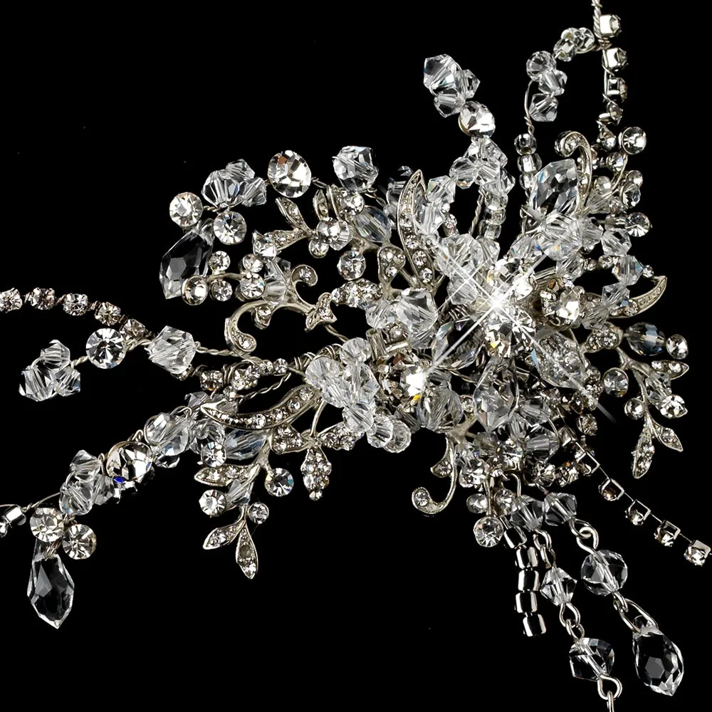 Antique Silver Crystal Bridal HairVine with Side Accent Dangles