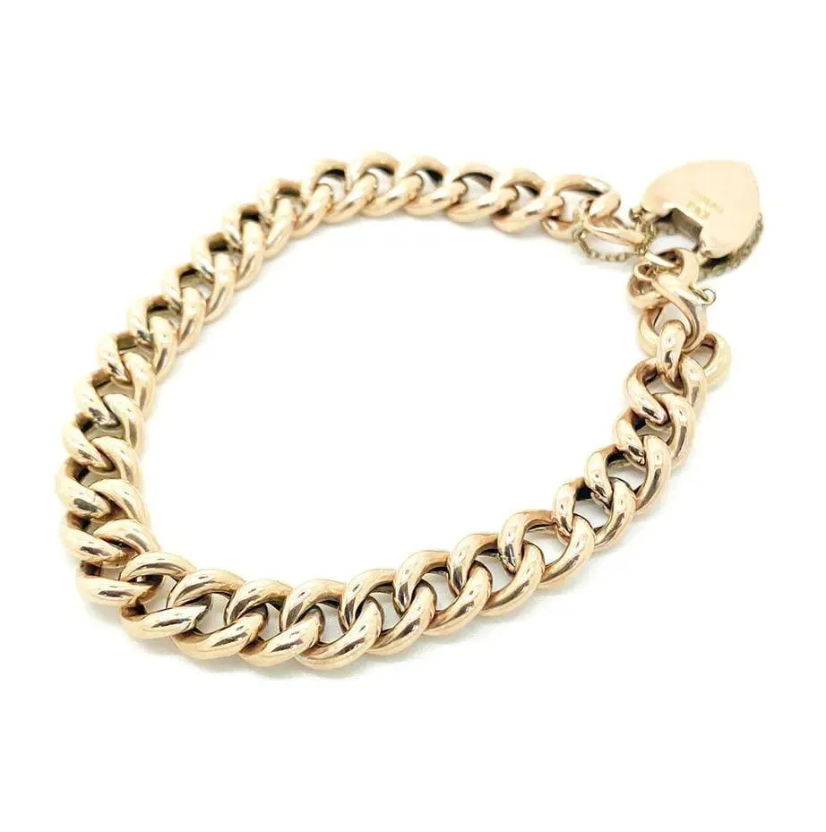 Antique Victorian 9ct Rose Gold Curb Chain Heart Bracelet