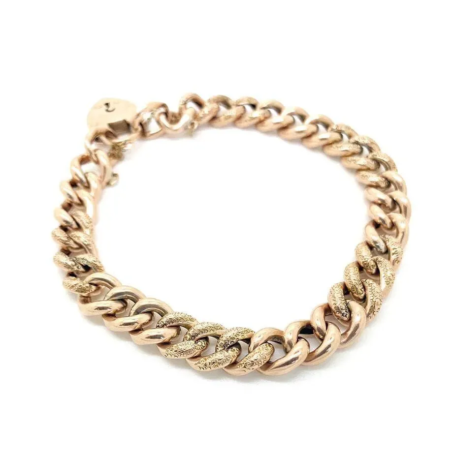 Antique Victorian 9ct Rose Gold Curb Chain Heart Bracelet