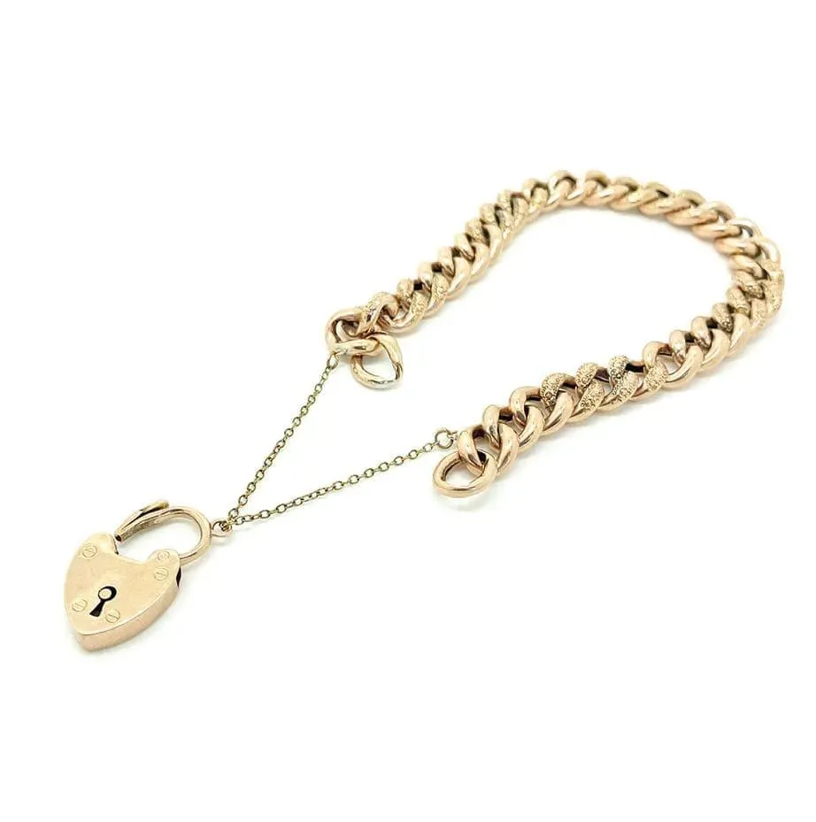 Antique Victorian 9ct Rose Gold Curb Chain Heart Bracelet