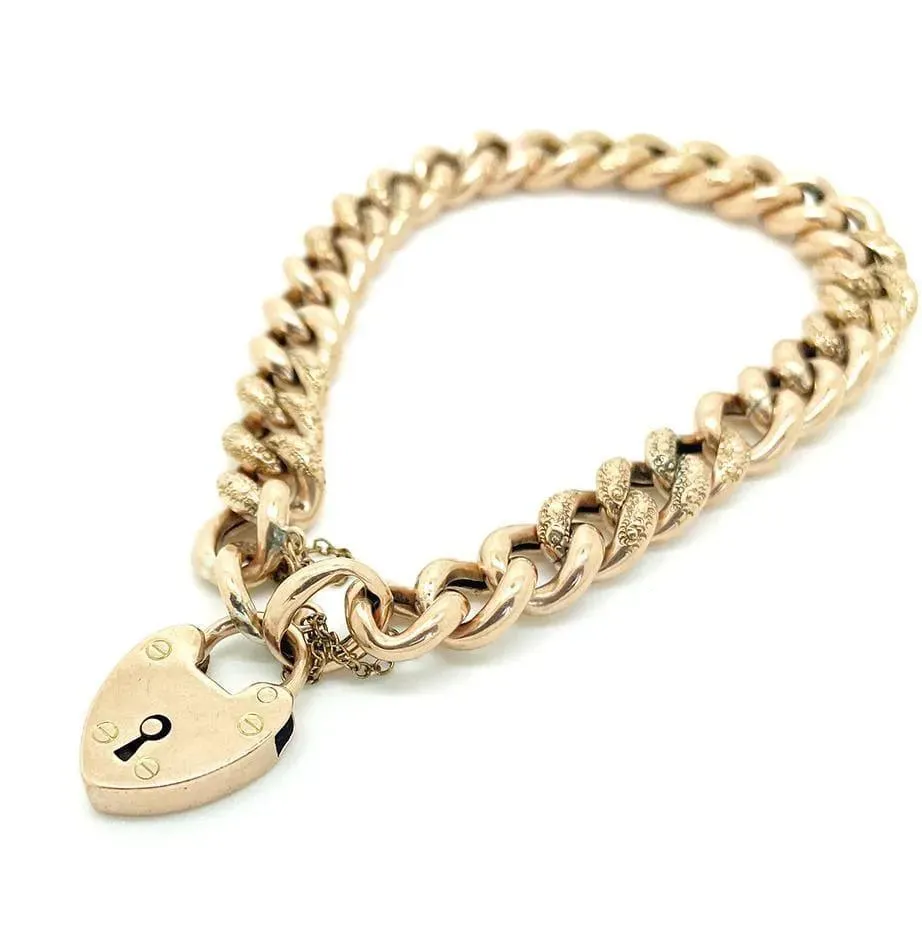 Antique Victorian 9ct Rose Gold Curb Chain Heart Bracelet