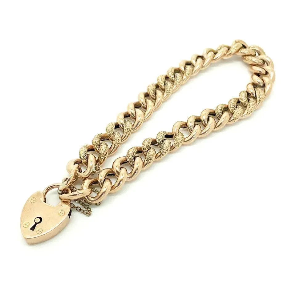 Antique Victorian 9ct Rose Gold Curb Chain Heart Bracelet