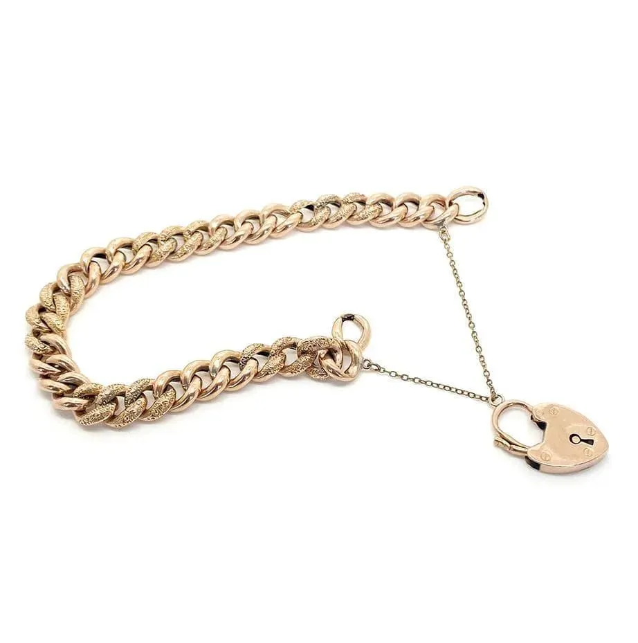 Antique Victorian 9ct Rose Gold Curb Chain Heart Bracelet