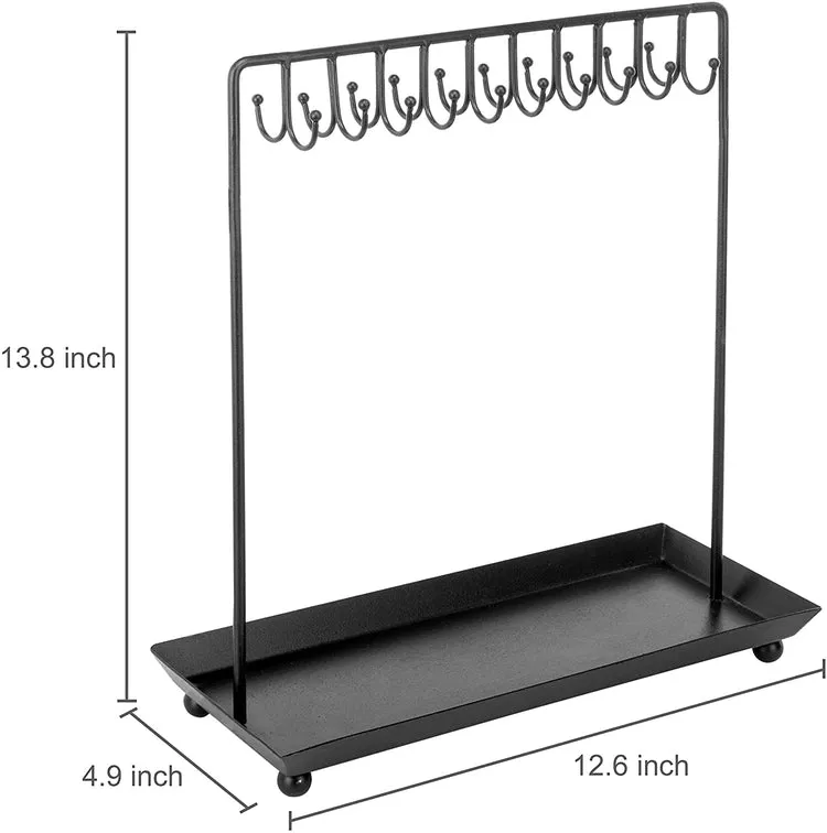 Black Metal Jewelry Display Stand with 20 Necklace Hook and Ring & Bracelet Tray