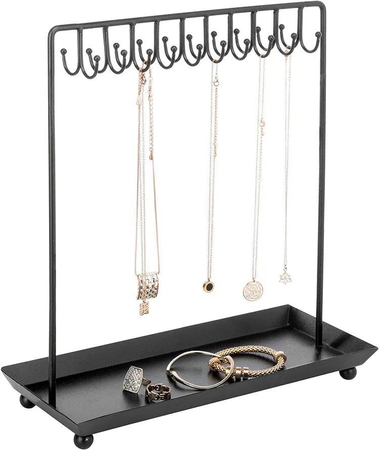 Black Metal Jewelry Display Stand with 20 Necklace Hook and Ring & Bracelet Tray