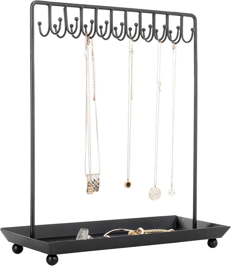 Black Metal Jewelry Display Stand with 20 Necklace Hook and Ring & Bracelet Tray