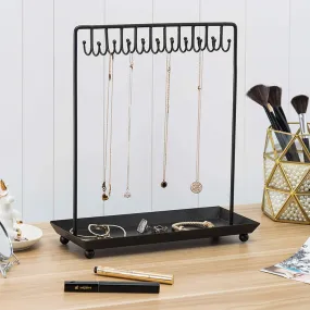 Black Metal Jewelry Display Stand with 20 Necklace Hook and Ring & Bracelet Tray