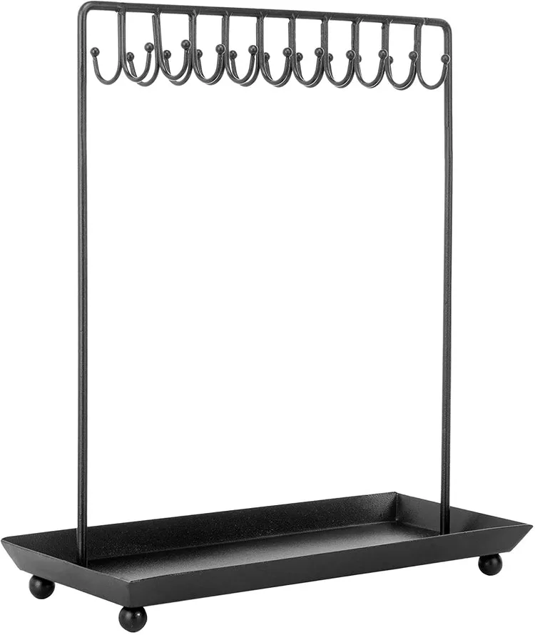 Black Metal Jewelry Display Stand with 20 Necklace Hook and Ring & Bracelet Tray