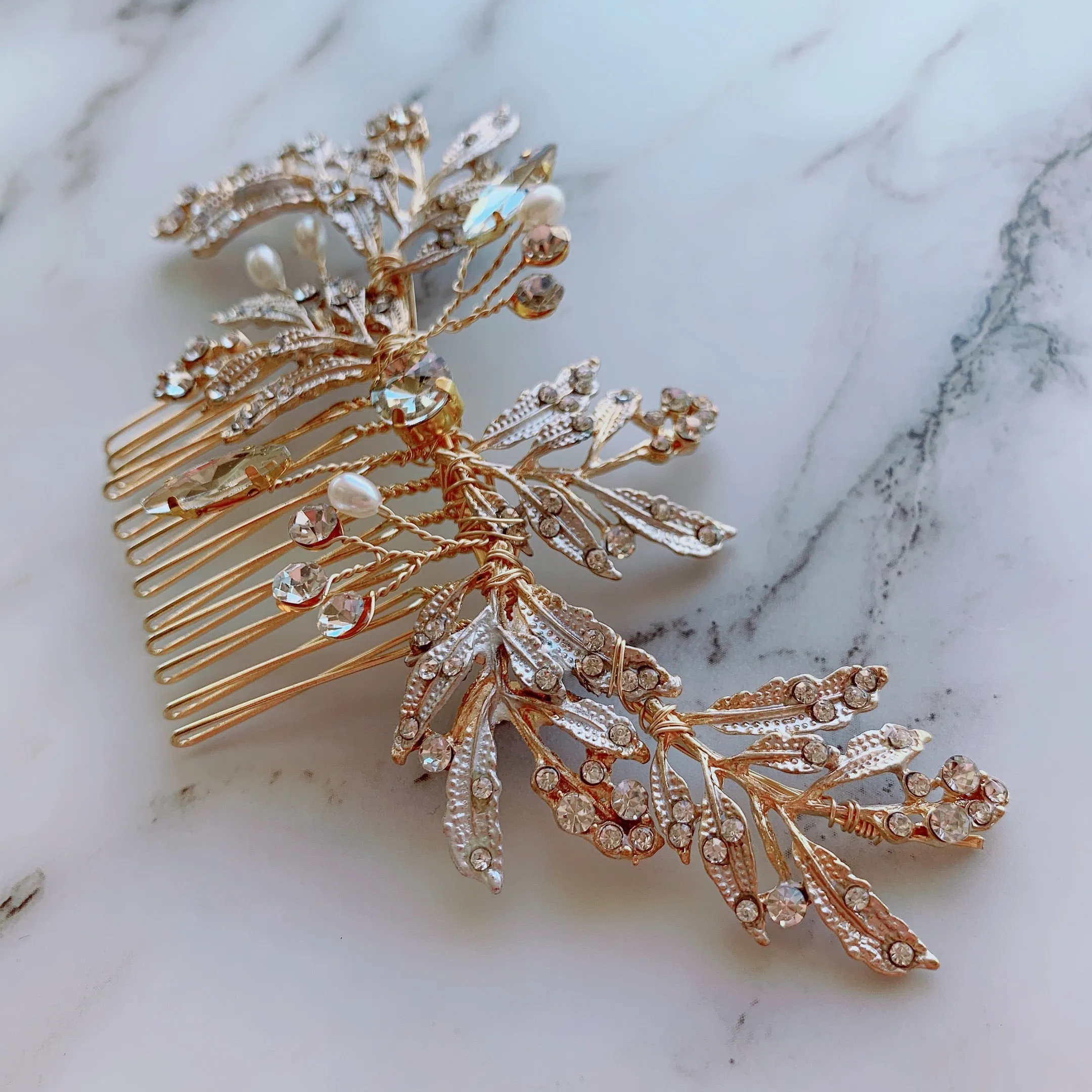 C110. Boho bridal rose gold leaf hair vine, crystal hairpins, hair comb