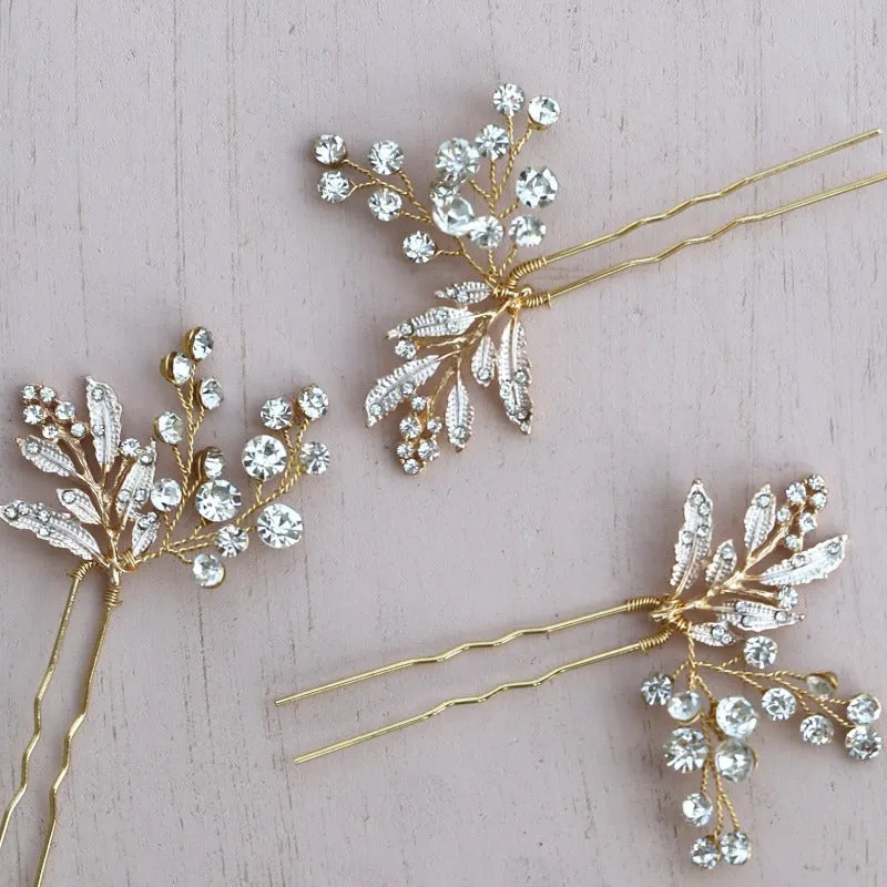 C110. Boho bridal rose gold leaf hair vine, crystal hairpins, hair comb