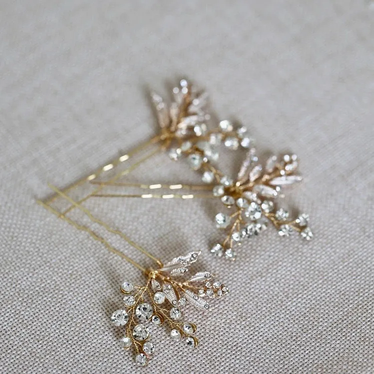 C110. Boho bridal rose gold leaf hair vine, crystal hairpins, hair comb