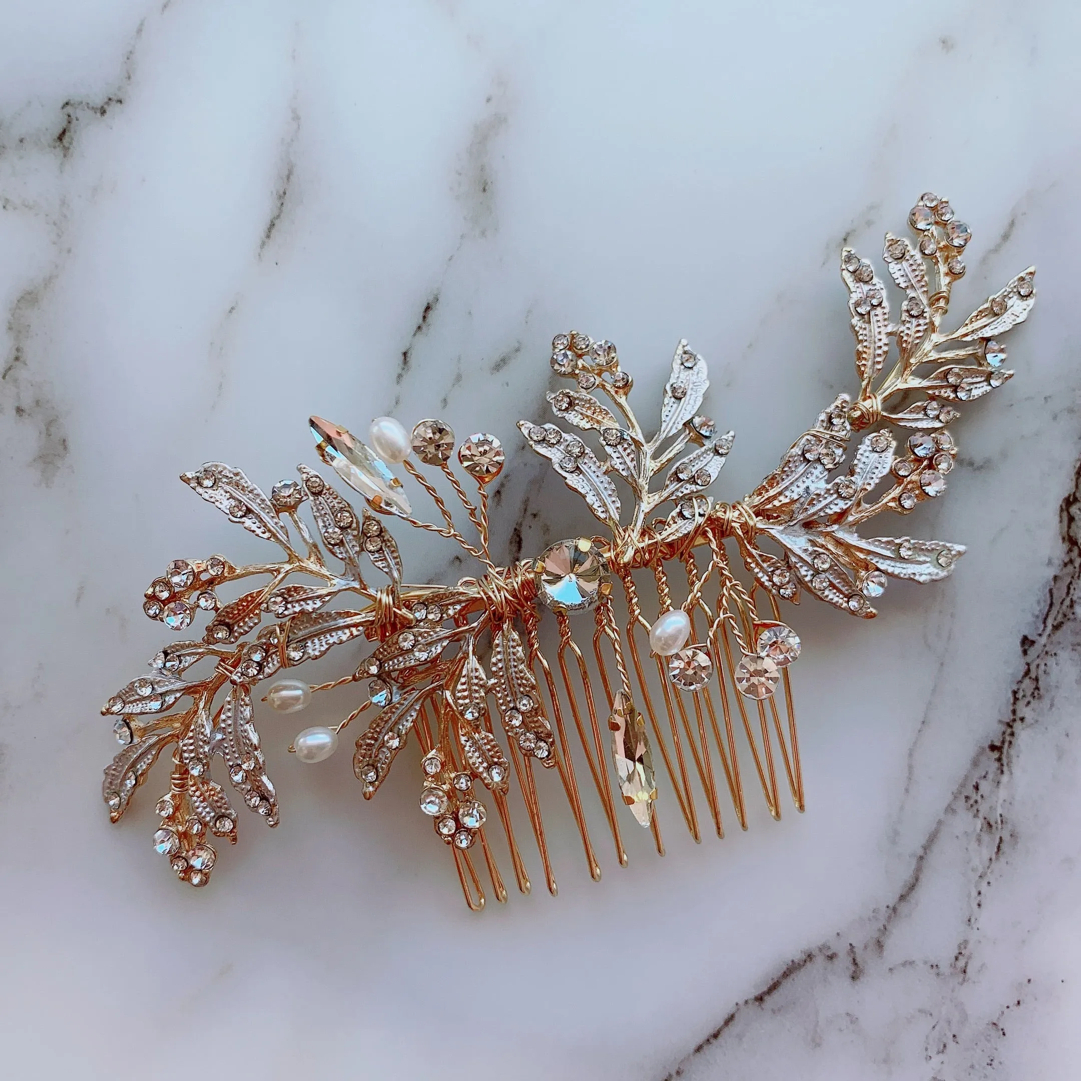 C110. Boho bridal rose gold leaf hair vine, crystal hairpins, hair comb