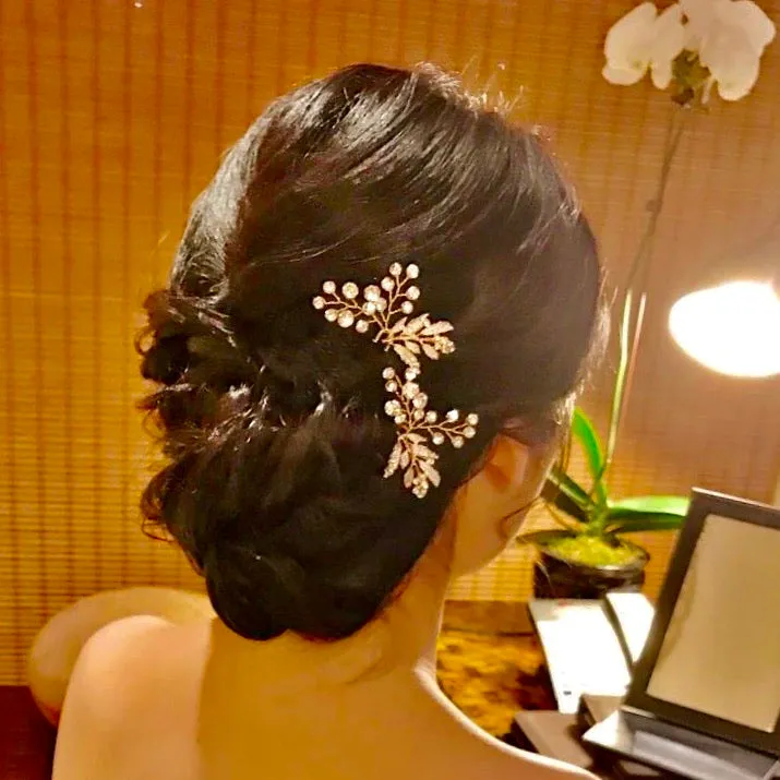 C110. Boho bridal rose gold leaf hair vine, crystal hairpins, hair comb