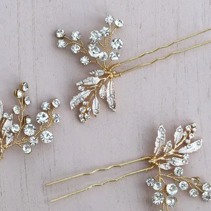 C110. Boho bridal rose gold leaf hair vine, crystal hairpins, hair comb