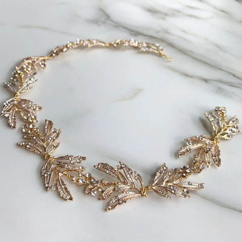 C110. Boho bridal rose gold leaf hair vine, crystal hairpins, hair comb