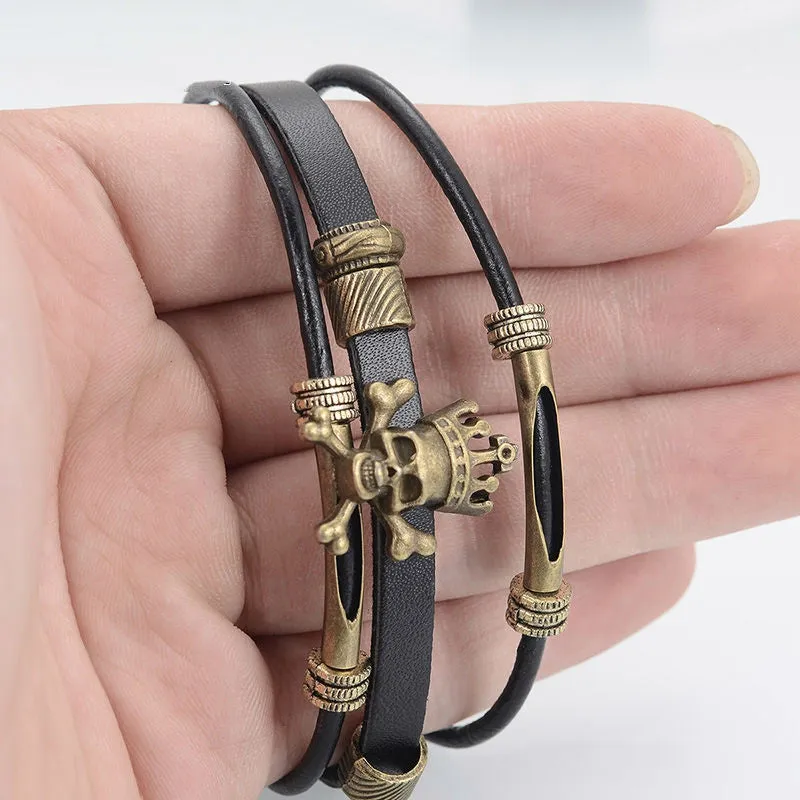 Cool Skull Men Bracelet Punk Black Leather Bracelets & Bangles For Men Women Wrap Male Bracelet with Charms Wristband Jewelry