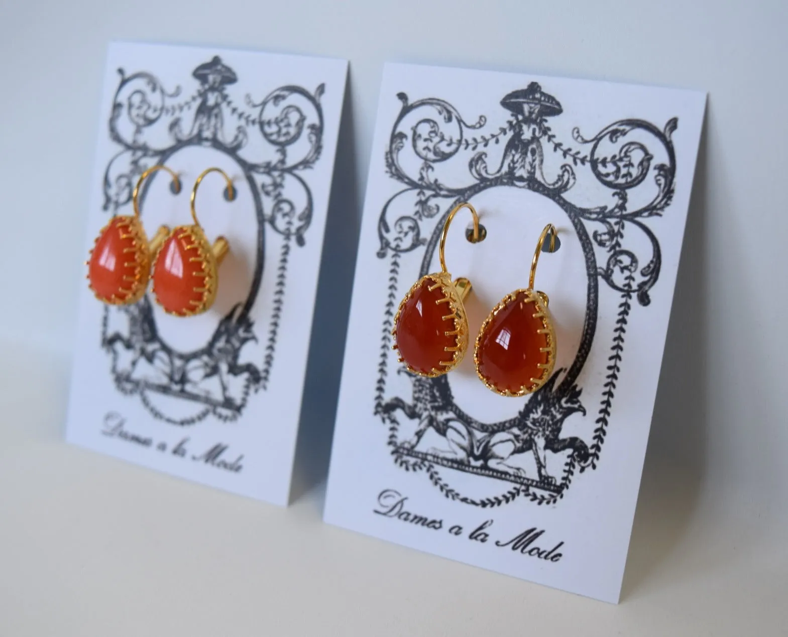 Coral or Carnelian Teardop Crown Earrings - Medium Teardrop