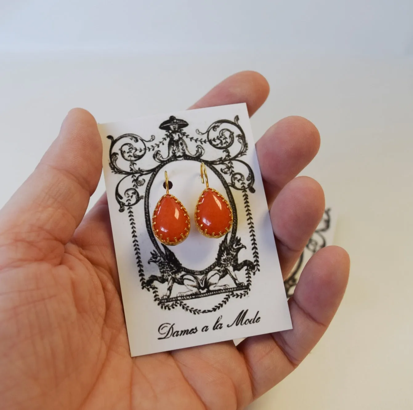 Coral or Carnelian Teardop Crown Earrings - Medium Teardrop