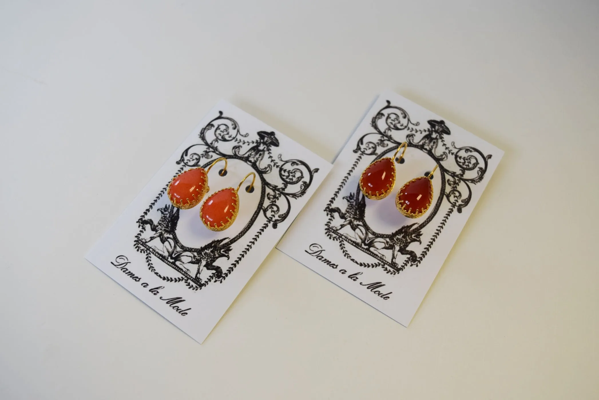 Coral or Carnelian Teardop Crown Earrings - Medium Teardrop