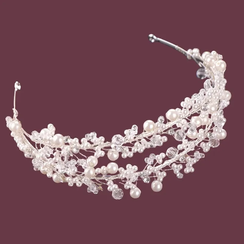 Crystal & Pearl Beaded Antique Silver Double Bridal Headband