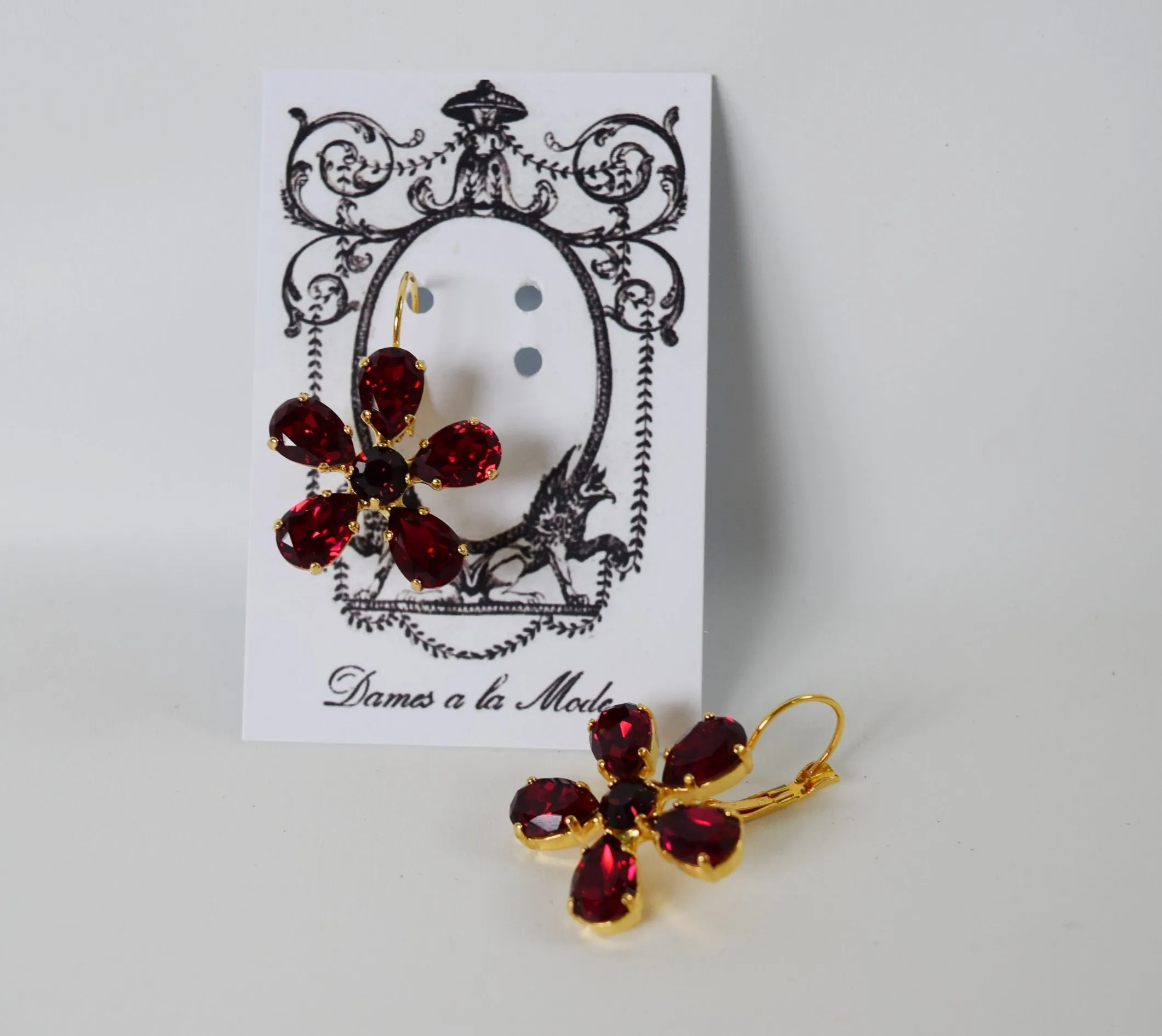 Dark Pink Georgian Floral Earrings - Swarovski Crystal